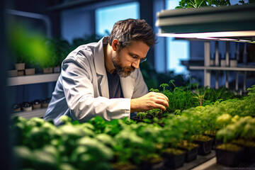 A Botanist Conducts Experiments in a High-Tech Lab, Combining Genetic Engineering and Hydroponics to Advance Plant Research. created with Generative AI