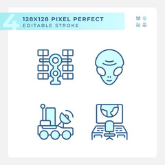 Sci fi pixel perfect light blue icons. Space mission. Cosmic galaxy. Science fiction. Extraterrestrial life. RGB color. Website icons set. Simple design element. Contour drawing. Line illustration