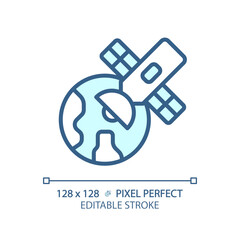 Satellite pixel perfect light blue icon. Launch vehicle. Earth orbit. Global positioning system. RGB color sign. Simple design. Web symbol. Contour line. Flat illustration. Isolated object
