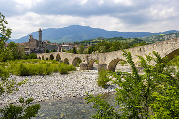 Gobbo Bridge also Devil Bridge or Ponte del Diavolo or Ponte Gobbo in Bobbio, Piacenza province, Trebbia Valley, Emilia Romagna, Italy