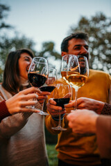 Friends clinking glasses in a toast, celebrating the simple joys of life while surrounded by nature's splendor
