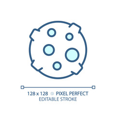 Moon pixel perfect light blue icon. Lunar science. Earth satellite. Outer space. Astronomy education. RGB color sign. Simple design. Web symbol. Contour line. Flat illustration. Isolated object