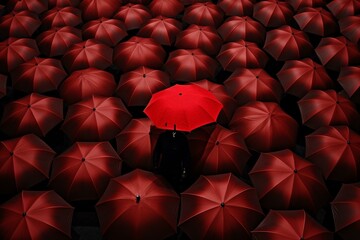 Vivid red umbrella stands out amidst a sea of black umbrellas in a crowd. Generative AI