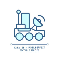 Lunar rover pixel perfect light blue icon. Moon mission. Robotic vehicle. Scientific exploration. RGB color sign. Simple design. Web symbol. Contour line. Flat illustration. Isolated object