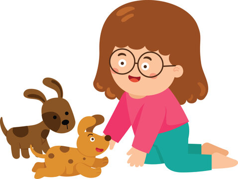 happy cute kid play with dog vector illustration
