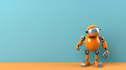 Friendly cute cartoon robot - 3d render. Technology concept. Customer support chatbot, online consultant, assistant. Kawaii bot with smiling face on the screen. Robotic toy. - obrazy, fototapety, plakaty