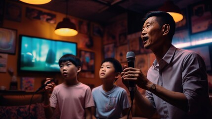 Father and son singing in a karaoke room. Generative AI