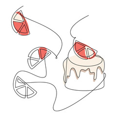 Vector dessert icon. Cream cupcake muffin lemon cake line continuous drawing illustration. Hand drawn linear doodle. Graphic design, banner, card, cartoon poster, brochure, logo, symbol, sign, menu.