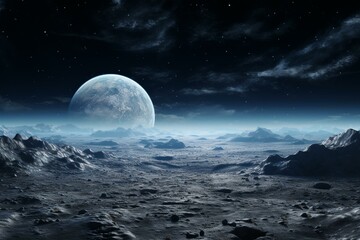 Naklejka na ściany i meble View of the lunar surface with a glimpse of Earth. Generative AI