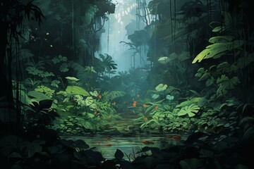Unfinished painting depicting a dense jungle with a digital brush style. Generative AI