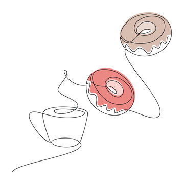 recommend clip art: Coffee cup and glazed doughnuts line continuous drawing. Vector illustration. Hand drawn linear dessert icon. Graphic design, print, banner, card, product logo, brochure, menu, bakery shop, doodle.