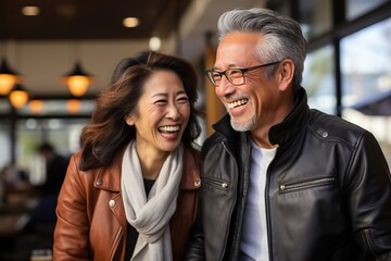 Mature asian couple celebrate at coffee bar. Generative AI