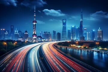 Fototapeta na wymiar Nighttime cityscape of Shanghai over bridge and road. Generative AI