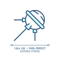 Sputnik pixel perfect light blue icon. Artificial satellite. Space race. Aerospace engine. Soviet union. RGB color sign. Simple design. Web symbol. Contour line. Flat illustration. Isolated object