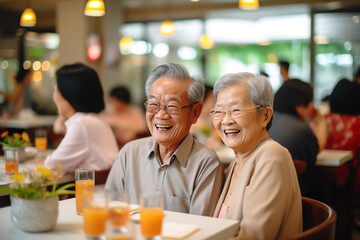 Senior Asian Citizens Relishing Companionship and Smiles at a Vibrant Social Club Gathering. created with Generative AI