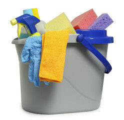 bucket with cleaning products and equipment isolated - obrazy, fototapety, plakaty