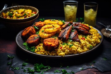 Spicy Nigerian rice dish with plantain. Generative AI - obrazy, fototapety, plakaty