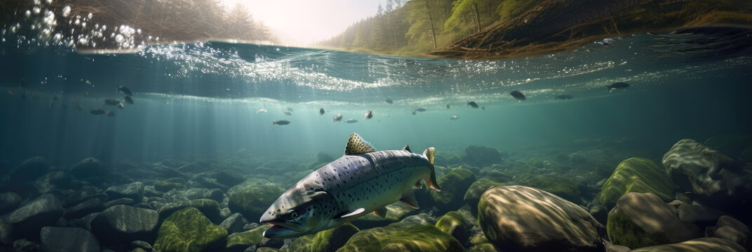 Salmon fish swimming the white water rivers of northern territory or Alaska. 