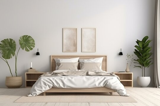 Bedroom with white bed, wooden floor/table, mock up frame wall in modern Scandinavian and Japandi style. High-quality 3D render. Generative AI