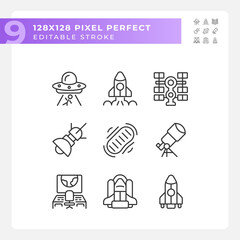 Science fiction pixel perfect linear icons set. Space ship. Sci fi. Alien contact. Extraterrestrial life. Customizable thin line symbols. Isolated vector outline illustrations. Editable stroke