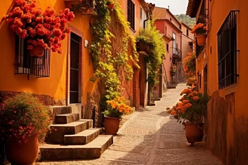 Foto op Canvas A quaint village street in Spain or Italy, with warm terracotta hues and narrow pathways. Generative AI © Zephyr