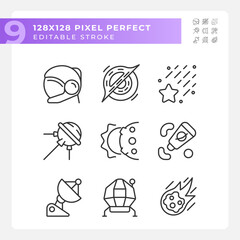 Space station pixel perfect linear icons set. Zero gravity. Celestial event. Science research. Customizable thin line symbols. Isolated vector outline illustrations. Editable stroke