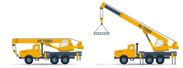Crane truck. Side view with two positions - folded transport and  lifting the load. Construction vehicle - easy editing vector mockup for animation and illustrations. Lifting machine isolated on white