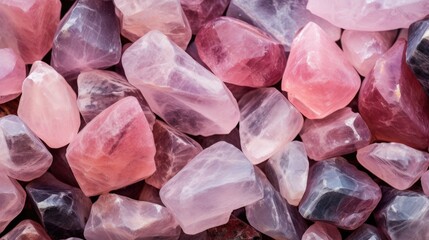 Raw unprocessed chunks of light pink rose quartz and jasper crystal rocks, geological mineral texture - generative AI - obrazy, fototapety, plakaty