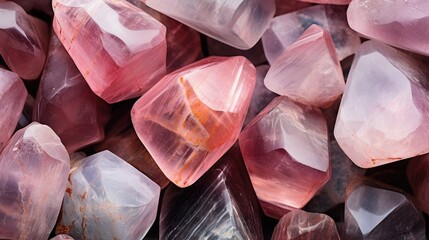 Raw unprocessed chunks of light pink rose quartz and jasper crystal rocks, geological mineral texture - generative AI - obrazy, fototapety, plakaty