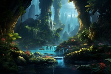 Fantasy jungle scene with river, rocks, and magical elements. Generative AI
