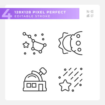 Astronomy science pixel perfect linear icons set. Space telescope. Celestial bodies. Solar system. Customizable thin line symbols. Isolated vector outline illustrations. Editable stroke