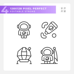 Moon mission pixel perfect linear icons set. Space agency. Lunar module. Apollo program. Rocket science. Customizable thin line symbols. Isolated vector outline illustrations. Editable stroke