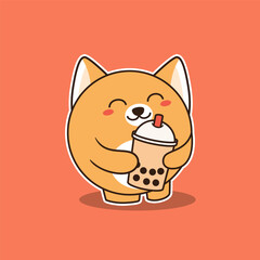 Cute Fox Hugging Bubble Tea Vector Illustration