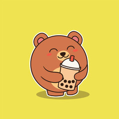 Cute Bear Hugging Bubble Tea Vector Illustration