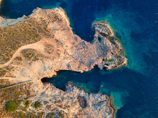 Top view of the bay with perfectly clear water on the island of Sardinia, Cala Grotta