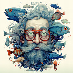Old crazy sailor with red glasses and fish hair - obrazy, fototapety, plakaty