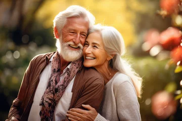 Fotobehang retired couple hugging with a smile, nature background © Kien