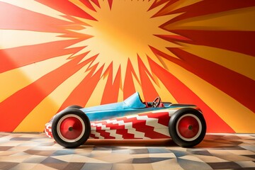 Racing soap box derby car with a vivid sunburst backdrop. Generative AI