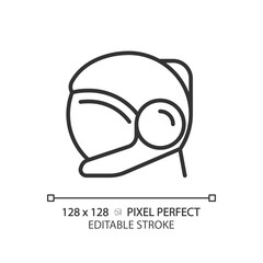 Space helmet pixel perfect linear icon. Mars mission. Astronaut training. Space tourism. Safety equipment. Thin line illustration. Contour symbol. Vector outline drawing. Editable stroke