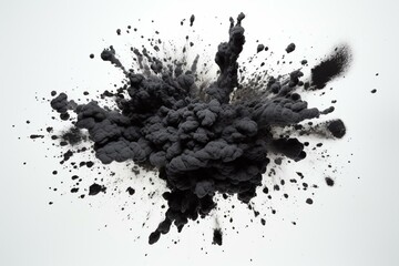 Black powder explosion on white background with charcoal-like particles. Generative AI - obrazy, fototapety, plakaty