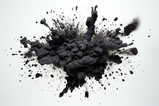 Black powder explosion on white background with charcoal-like particles. Generative AI