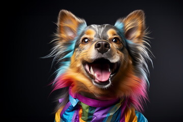 Purebred cute dog with multicolored fur on black background. Grooming concept. AI generated