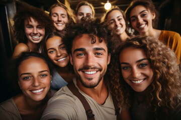 Obraz premium Group of handsome young people smiling and taking selfie at party in club. Friends meeting concept. AI generated