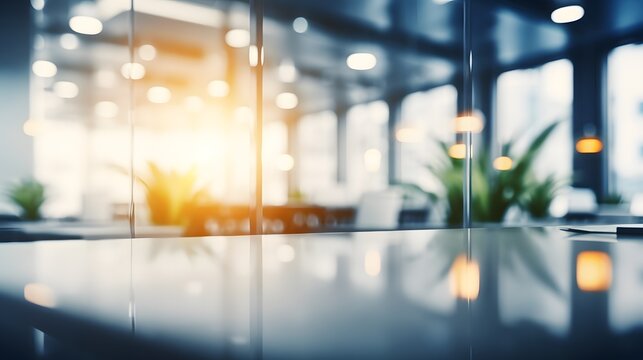 Blurred Empty Open Space Office. Abstract Light Bokeh At Office Interior Background For Design.