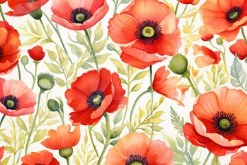 Watercolor poppies on pattern. Generative AI