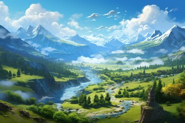 Naklejka na ściany i meble A captivating scene of a fantastical realm adorned with green pastures, winding waters, and a breathtaking ravine. Generative AI