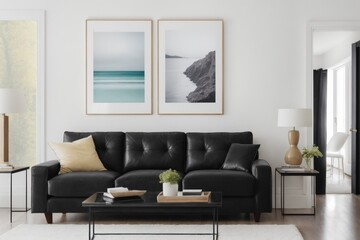 Interior mockup with picture frame on a Wall. Living room with sofa and painting on a wall 3D render.
