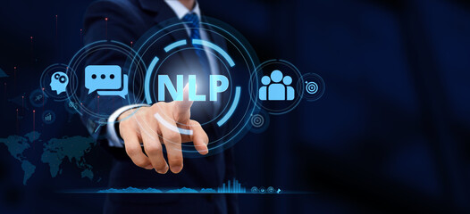 Navigating Global Markets. Implementing NLP Strategies for Enhanced Business Network Connectivity. Businessman hand touching icon