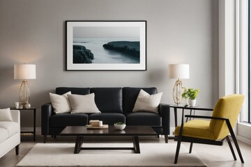 Interior mockup with picture frame on a Wall. Living room with sofa and painting on a wall 3D render.