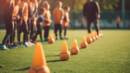 blurred image of Coach is coaching Children Training In Soccer Team - obrazy, fototapety, plakaty